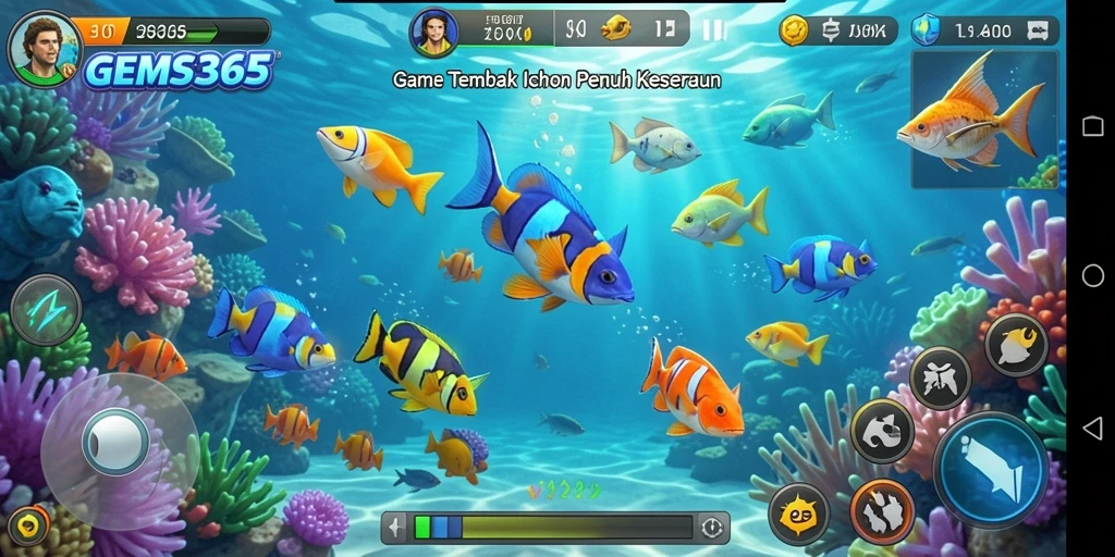 Tampilan gameplay GEMS365 yang memukau dengan ikan berwarna-warni.