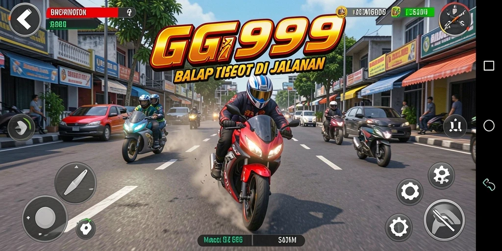 Screenshot gameplay GG999 menampilkan balapan motor yang menegangkan.