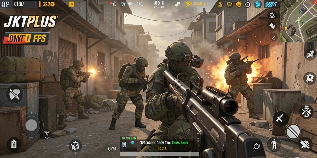 Tangkapan layar dari gameplay mendebarkan JKTPLUS di medan perang FPS.