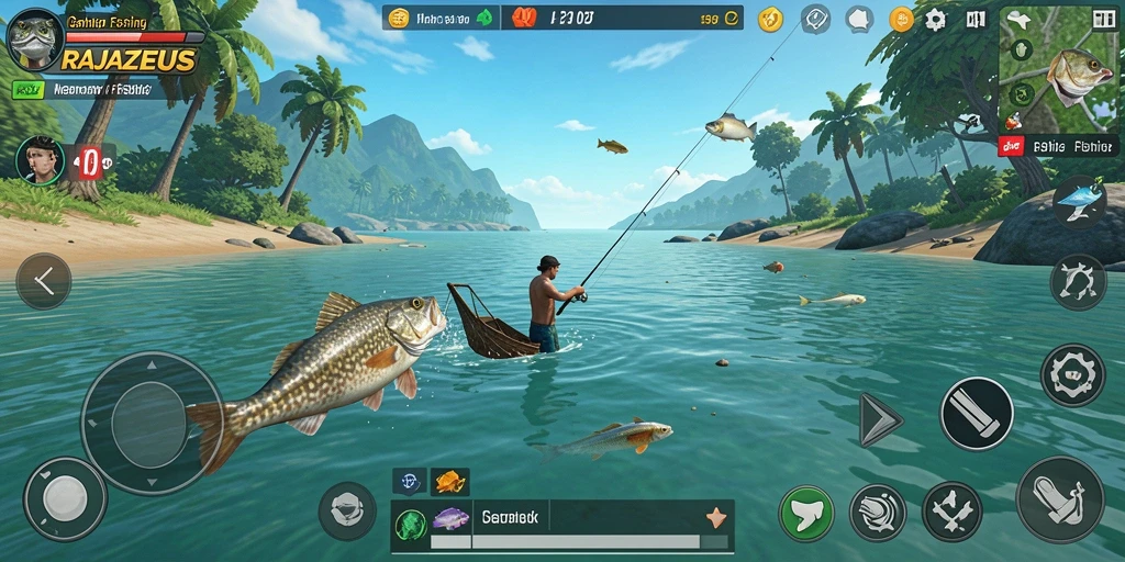 Tampilan gameplay seru RAJAZEUS saat menangkap ikan.