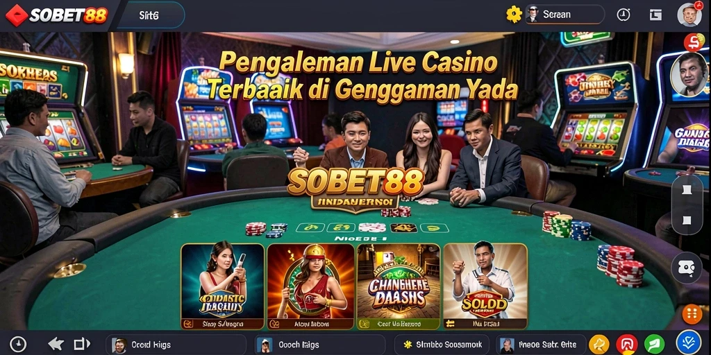 Screenshot gameplay SOBET88 yang menampilkan dealer langsung di meja kasino.