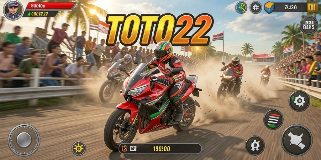 Tampilan gameplay menegangkan TOTO22 dengan balapan motor yang seru.